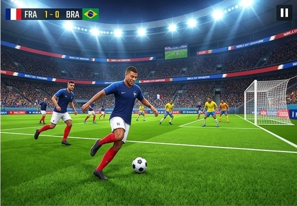 Quarter-final match in progress with two national teams competing on a 3D pitch