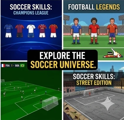 Collage of similar soccer games including Soccer Skills Champions League and Football Legends game screens