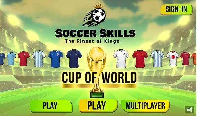 Title screen of Soccer Skills 2 World Cup showing national team selection and the World Cup trophy