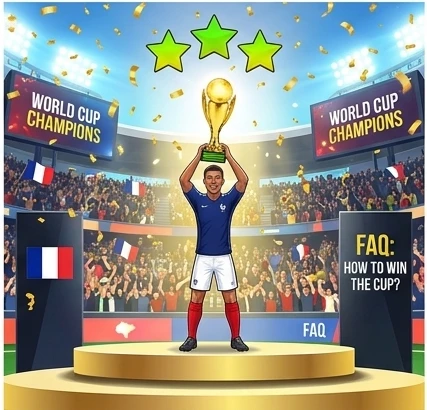 FAQ section graphic showing a player celebrating a World Cup victory on the podium